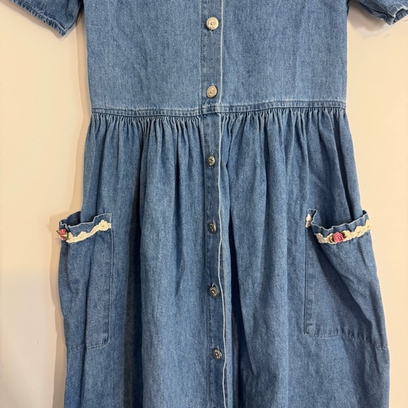 SOLDMy Michelle Vintage Blue Denim Modest Prairie Midi Button Down Dress Floral - Picture 4 of 9
